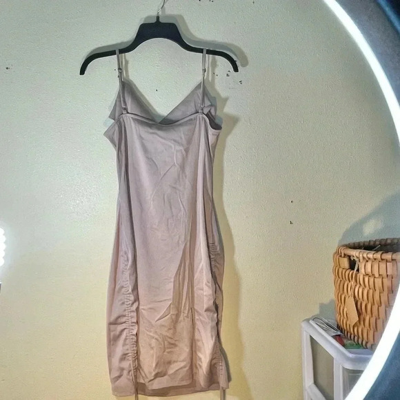 Unique21 Slip Dress Women UK 12 US 8 Gathered Side Satin Cowl Neck Zip Taupe NEW - Picture 2 of 11